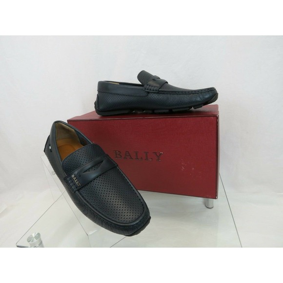 BALLY PIRAS NAVY BLUE PERFORATED LEATHER WEB LOGO LOAFERS 